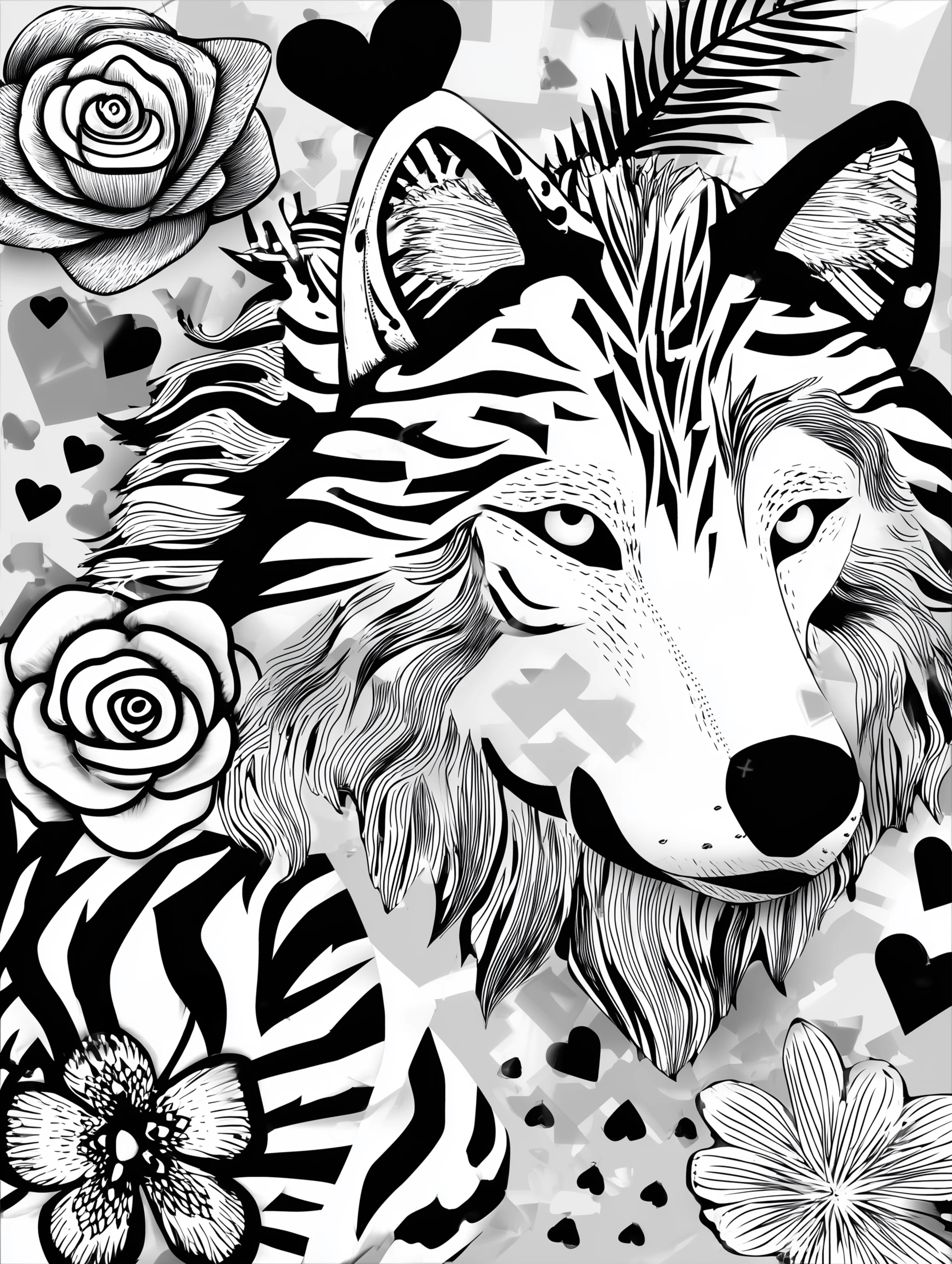 Free printable wolf coloring page for adults featuring a wolf facing to the right